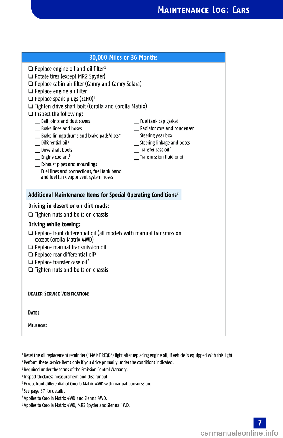 TOYOTA HIGHLANDER 2001  Service Repair Manual 
1 Reset the oil replacement reminder (“MAINT REQD”) light after replacing engine oil, if vehicle is equipped with this light.2 Perform these service items only if you drive primarily under the co