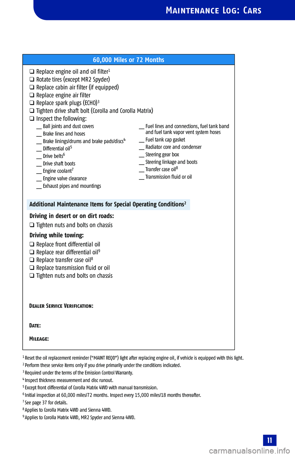 TOYOTA HIGHLANDER 2001 Service Repair Manual
1 Reset the oil replacement reminder (“MAINT REQD”) light after replacing engine oil, if vehicle is equipped with this light.2 Perform these service items only if you drive primarily under the co TOYOTA HIGHLANDER 2001 Service Repair Manual
1 Reset the oil replacement reminder (“MAINT REQD”) light after replacing engine oil, if vehicle is equipped with this light.2 Perform these service items only if you drive primarily under the co
