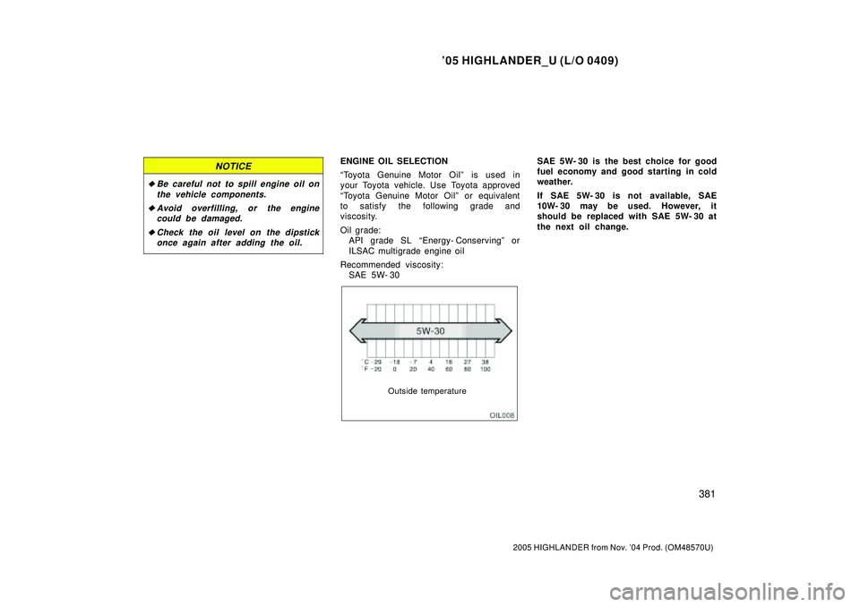 TOYOTA HIGHLANDER 2001  Service Repair Manual 05 HIGHLANDER_U (L/O 0409)
381
2005 HIGHLANDER from Nov. 04 Prod. (OM48570U)
NOTICE
Be careful not  to spill engine oil on
the vehicle components.
Avoid overfilling, or the engine
could be damaged