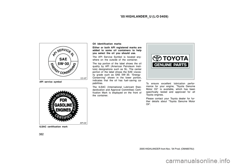 TOYOTA HIGHLANDER 2001 Service Repair Manual 05 HIGHLANDER_U (L/O 0409)
382
2005 HIGHLANDER from Nov. 04 Prod. (OM48570U)
API service symbol
ILSAC certification mark
Oil identification marks
Either or both API registered marks are
added to so TOYOTA HIGHLANDER 2001 Service Repair Manual 05 HIGHLANDER_U (L/O 0409)
382
2005 HIGHLANDER from Nov. 04 Prod. (OM48570U)
API service symbol
ILSAC certification mark
Oil identification marks
Either or both API registered marks are
added to so