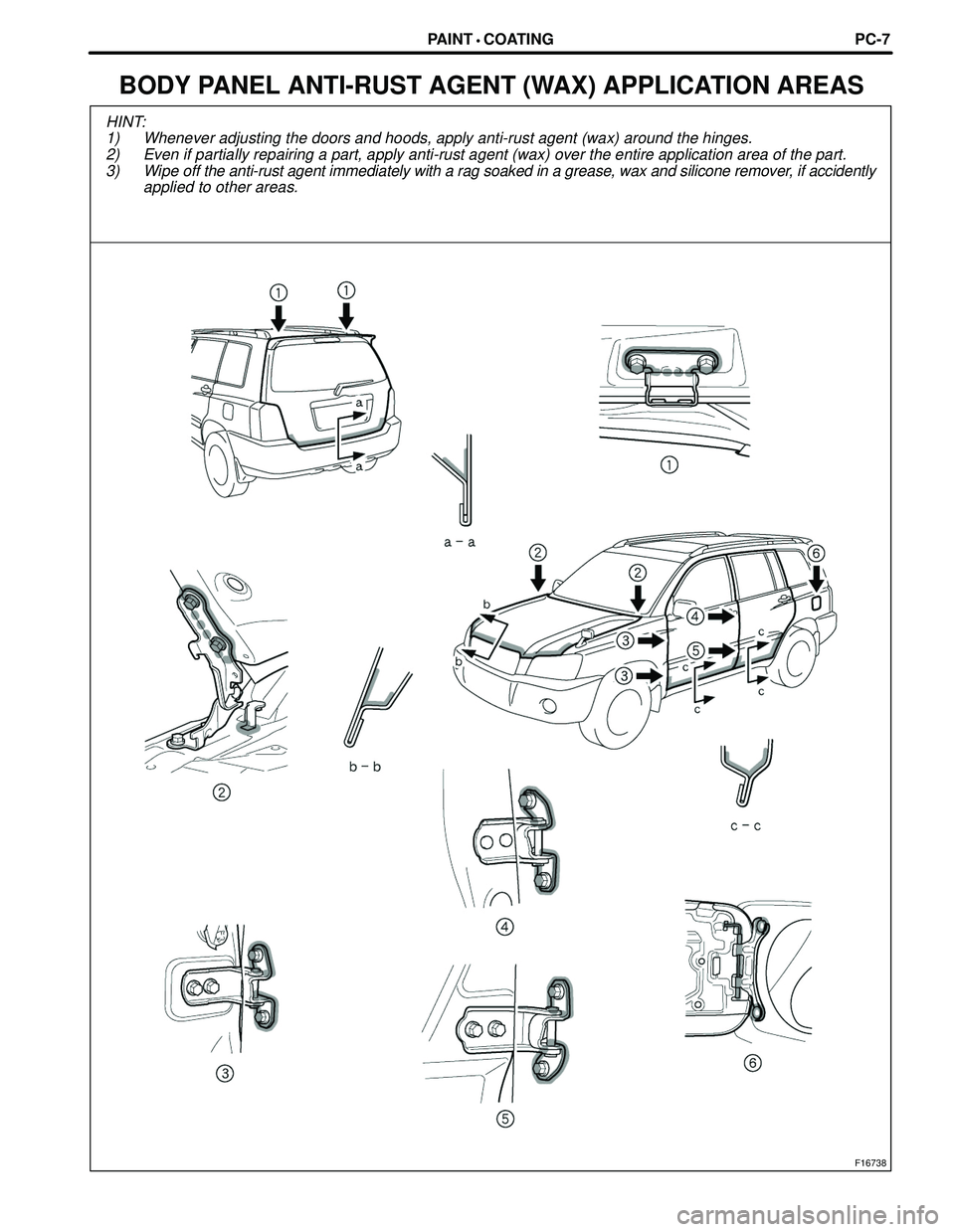 TOYOTA HIGHLANDER 2001  Service Repair Manual HINT:
1) Whenever adjusting the doors and hoods, apply anti-rust agent (wax) around the hinges.
2) Even if partially repairing a part, apply anti-rust agent (wax) over the entire application area of t
