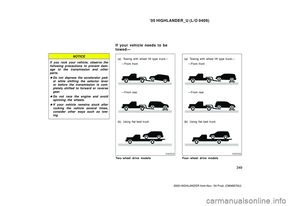 TOYOTA HIGHLANDER 2001  Service Repair Manual 05 HIGHLANDER_U (L/O 0409)
349
2005 HIGHLANDER from Nov. 04 Prod. (OM48570U)
NOTICE
If you rock your vehicle, observe the
following precautions to prevent dam-
age to the transmission and other
part