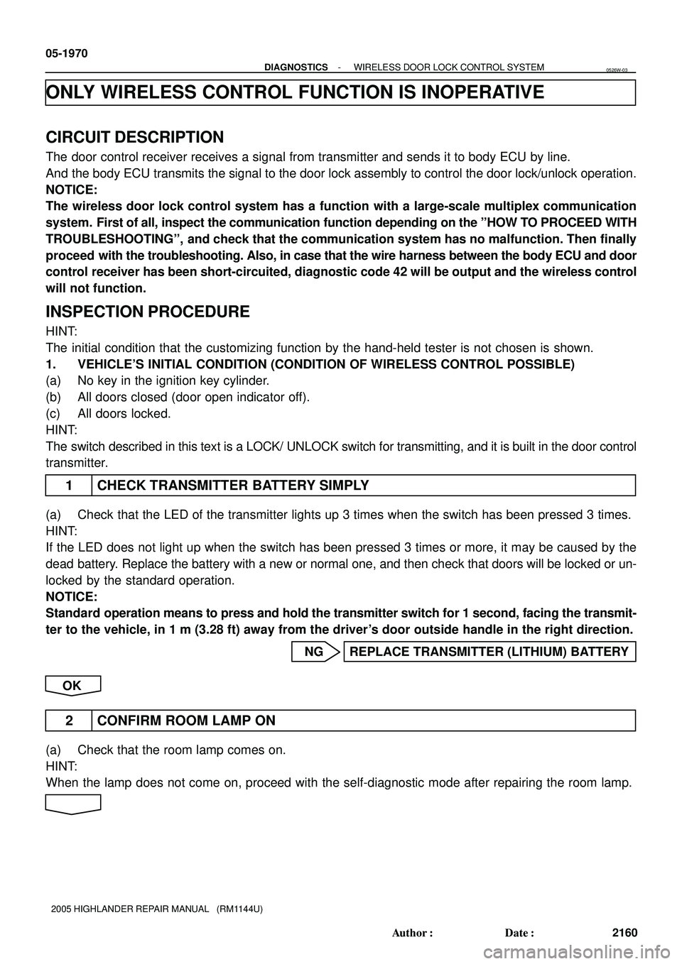 TOYOTA HIGHLANDER 2001 Service Repair Manual 05-1970
- DIAGNOSTICSWIRELESS DOOR LOCK CONTROL SYSTEM
2160 Author: Date:
2005 HIGHLANDER REPAIR MANUAL (RM1144U)
ONLY WIRELESS CONTROL FUNCTION IS INOPERATIVE
CIRCUIT DESCRIPTION
The door control TOYOTA HIGHLANDER 2001 Service Repair Manual 05-1970
- DIAGNOSTICSWIRELESS DOOR LOCK CONTROL SYSTEM
2160 Author: Date:
2005 HIGHLANDER REPAIR MANUAL (RM1144U)
ONLY WIRELESS CONTROL FUNCTION IS INOPERATIVE
CIRCUIT DESCRIPTION
The door control
