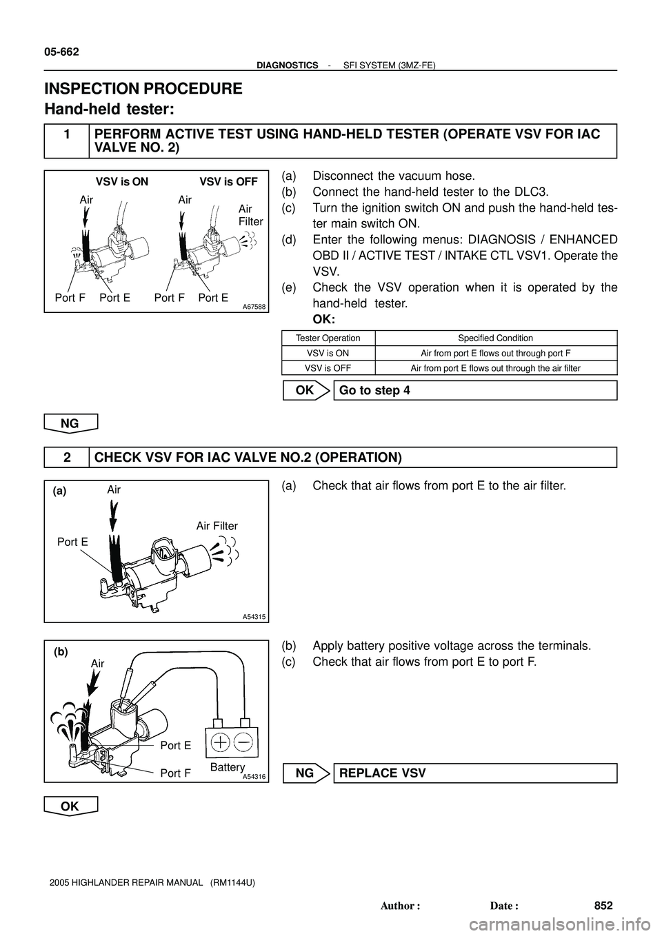 TOYOTA HIGHLANDER 2001 Service Repair Manual A67588
VSV is ON VSV is OFF
Air
Port E Port F Port E
Air
Port FAir
Filter
A54315
Air
Port EAir Filter(a)
A54316
Air
Port E
Port FBattery
(b)
05-662
- DIAGNOSTICSSFI SYSTEM (3MZ-FE)
852 Author: Date TOYOTA HIGHLANDER 2001 Service Repair Manual A67588
VSV is ON VSV is OFF
Air
Port E Port F Port E
Air
Port FAir
Filter
A54315
Air
Port EAir Filter(a)
A54316
Air
Port E
Port FBattery
(b)
05-662
- DIAGNOSTICSSFI SYSTEM (3MZ-FE)
852 Author: Date