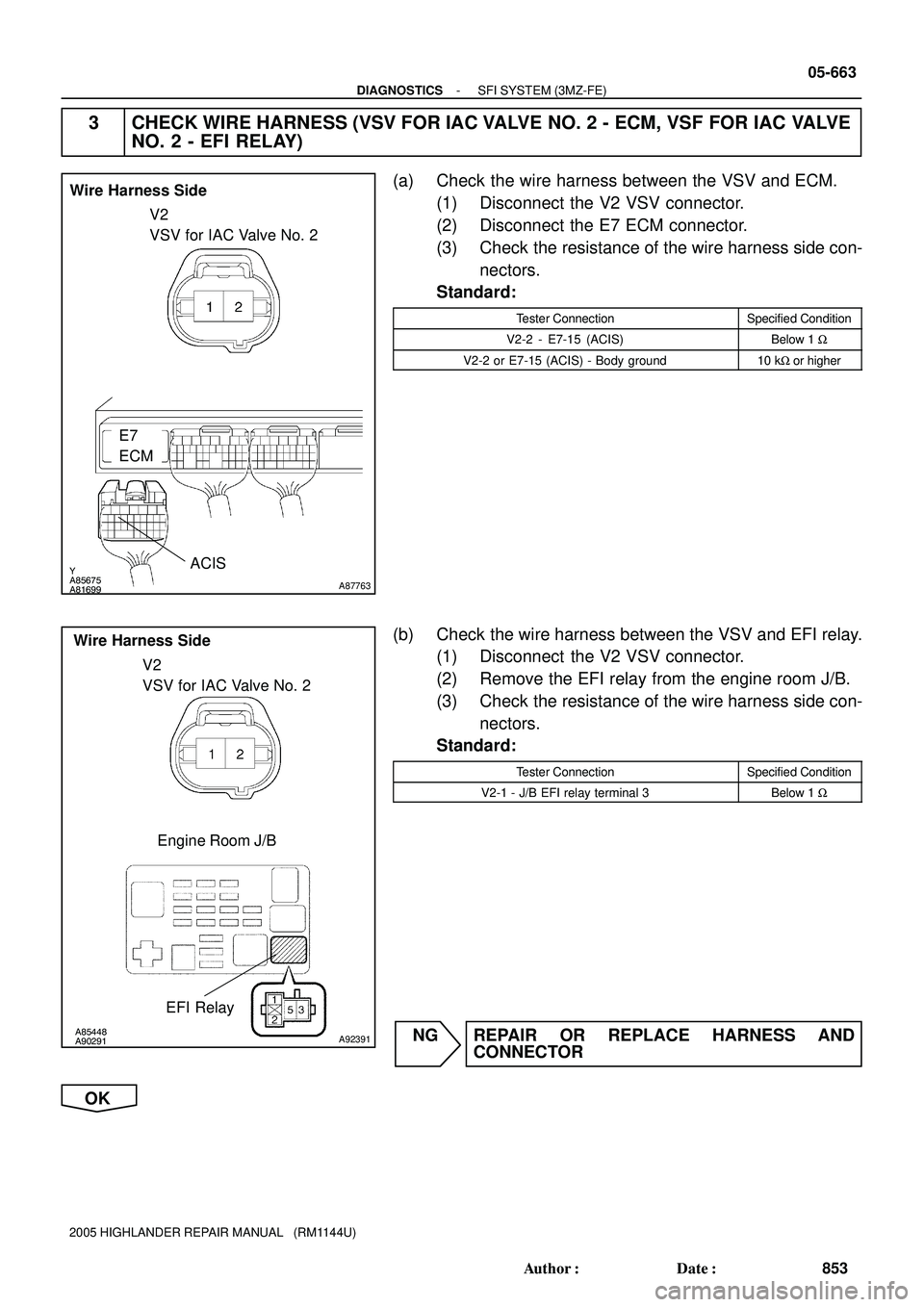 TOYOTA HIGHLANDER 2001 Service Repair Manual Y
A85675
A81699A87763
Wire Harness Side
V2
VSV for IAC Valve No. 2
E7
ECM
ACIS
A85448
A90291A92391
Wire Harness Side
V2
VSV for IAC Valve No. 2
EFI Relay
Engine Room J/B
- DIAGNOSTICSSFI SYSTEM (3MZ-F TOYOTA HIGHLANDER 2001 Service Repair Manual Y
A85675
A81699A87763
Wire Harness Side
V2
VSV for IAC Valve No. 2
E7
ECM
ACIS
A85448
A90291A92391
Wire Harness Side
V2
VSV for IAC Valve No. 2
EFI Relay
Engine Room J/B
- DIAGNOSTICSSFI SYSTEM (3MZ-F
