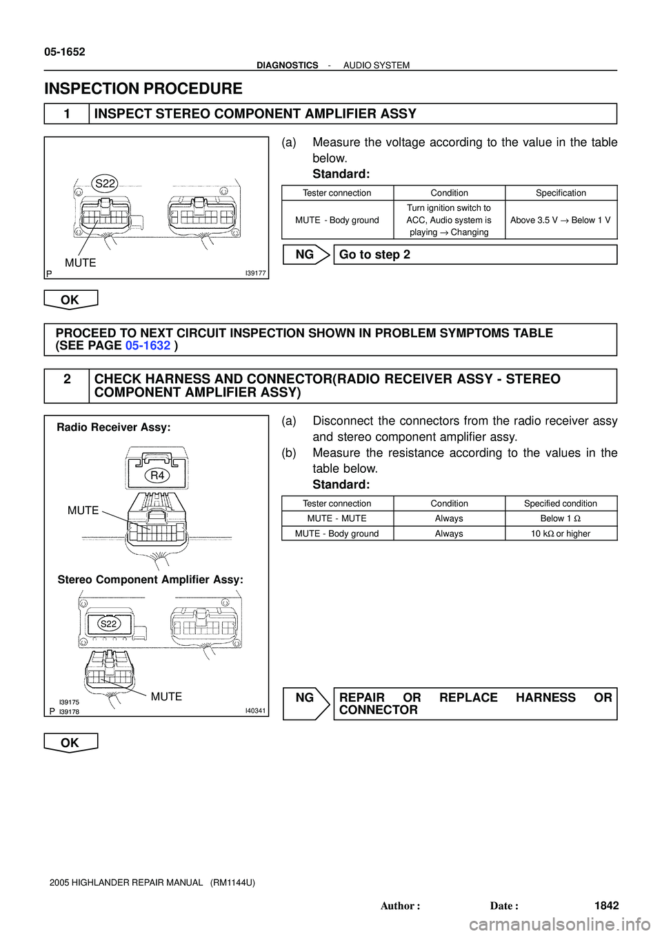 TOYOTA HIGHLANDER 2001 Service Repair Manual I39177MUTES22
I39175I39178I40341
Radio Receiver Assy:
Stereo Component Amplifier Assy:MUTER4
MUTE
S22
05-1652
- DIAGNOSTICSAUDIO SYSTEM
1842 Author: Date:
2005 HIGHLANDER REPAIR MANUAL (RM1144U)
I TOYOTA HIGHLANDER 2001 Service Repair Manual I39177MUTES22
I39175I39178I40341
Radio Receiver Assy:
Stereo Component Amplifier Assy:MUTER4
MUTE
S22
05-1652
- DIAGNOSTICSAUDIO SYSTEM
1842 Author: Date:
2005 HIGHLANDER REPAIR MANUAL (RM1144U)
I
