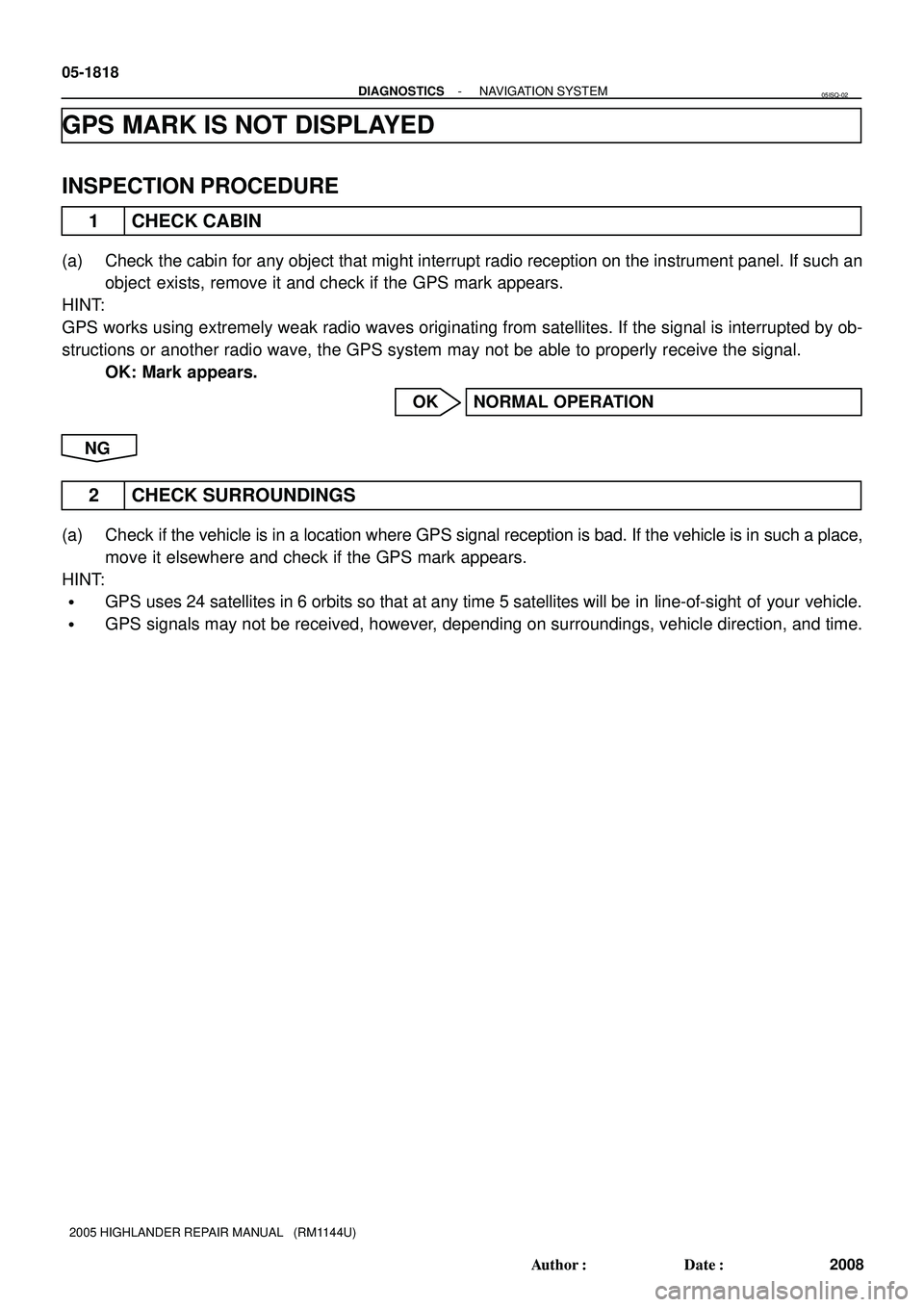 TOYOTA HIGHLANDER 2001 Service Repair Manual 05-1818
- DIAGNOSTICSNAVIGATION SYSTEM
2008 Author: Date:
2005 HIGHLANDER REPAIR MANUAL (RM1144U)
GPS MARK IS NOT DISPLAYED
INSPECTION PROCEDURE
1 CHECK CABIN
(a) Check the cabin for any object th TOYOTA HIGHLANDER 2001 Service Repair Manual 05-1818
- DIAGNOSTICSNAVIGATION SYSTEM
2008 Author: Date:
2005 HIGHLANDER REPAIR MANUAL (RM1144U)
GPS MARK IS NOT DISPLAYED
INSPECTION PROCEDURE
1 CHECK CABIN
(a) Check the cabin for any object th