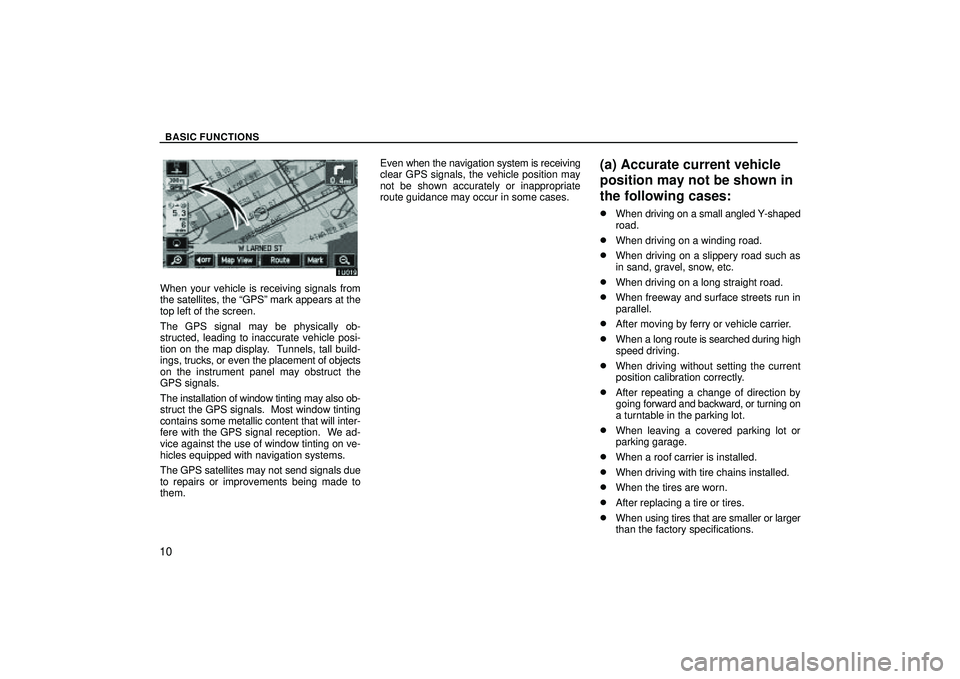 TOYOTA HIGHLANDER 2001 Service Repair Manual BASIC FUNCTIONS
10
When your vehicle is receiving signals from
the satellites, the GPSº mark appears at the
top left of the screen.
The GPS signal may be physically ob-
structed, leading to inaccura TOYOTA HIGHLANDER 2001 Service Repair Manual BASIC FUNCTIONS
10
When your vehicle is receiving signals from
the satellites, the GPSº mark appears at the
top left of the screen.
The GPS signal may be physically ob-
structed, leading to inaccura
