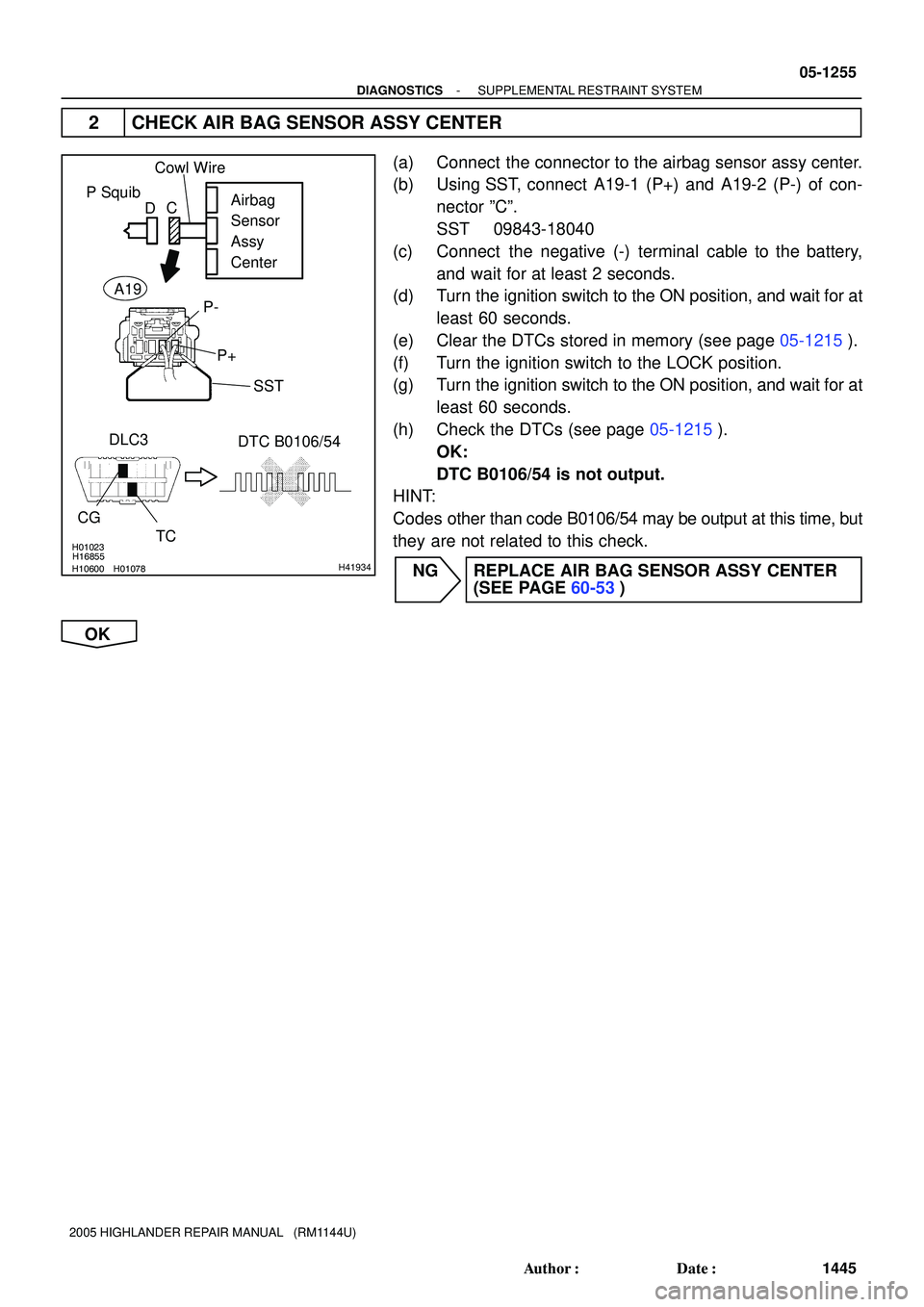 TOYOTA HIGHLANDER 2001  Service Repair Manual H01023
H10600H01078H16855H41934
P Squib
Airbag
Sensor
Assy
Center
DTC B0106/54 DLC3
CG
TC
P-
P+ Cowl Wire
DC
SST
A19
- DIAGNOSTICSSUPPLEMENTAL RESTRAINT SYSTEM
05-1255
1445 Author: Date:
2005 HIGHLA