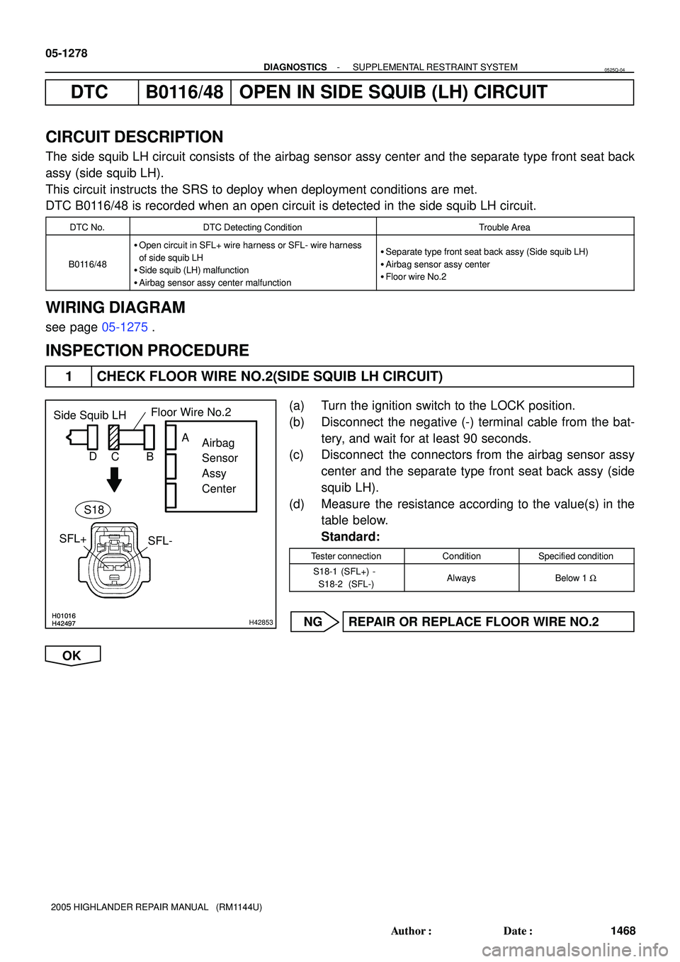 TOYOTA HIGHLANDER 2001 Service Repair Manual H01016H42497H01016H42497H42853
Side Squib LH
Airbag
Sensor
Assy
Center
SFL+
SFL-Floor Wire No.2
B C DA
S18
05-1278
- DIAGNOSTICSSUPPLEMENTAL RESTRAINT SYSTEM
1468 Author: Date:
2005 HIGHLANDER REP TOYOTA HIGHLANDER 2001 Service Repair Manual H01016H42497H01016H42497H42853
Side Squib LH
Airbag
Sensor
Assy
Center
SFL+
SFL-Floor Wire No.2
B C DA
S18
05-1278
- DIAGNOSTICSSUPPLEMENTAL RESTRAINT SYSTEM
1468 Author: Date:
2005 HIGHLANDER REP