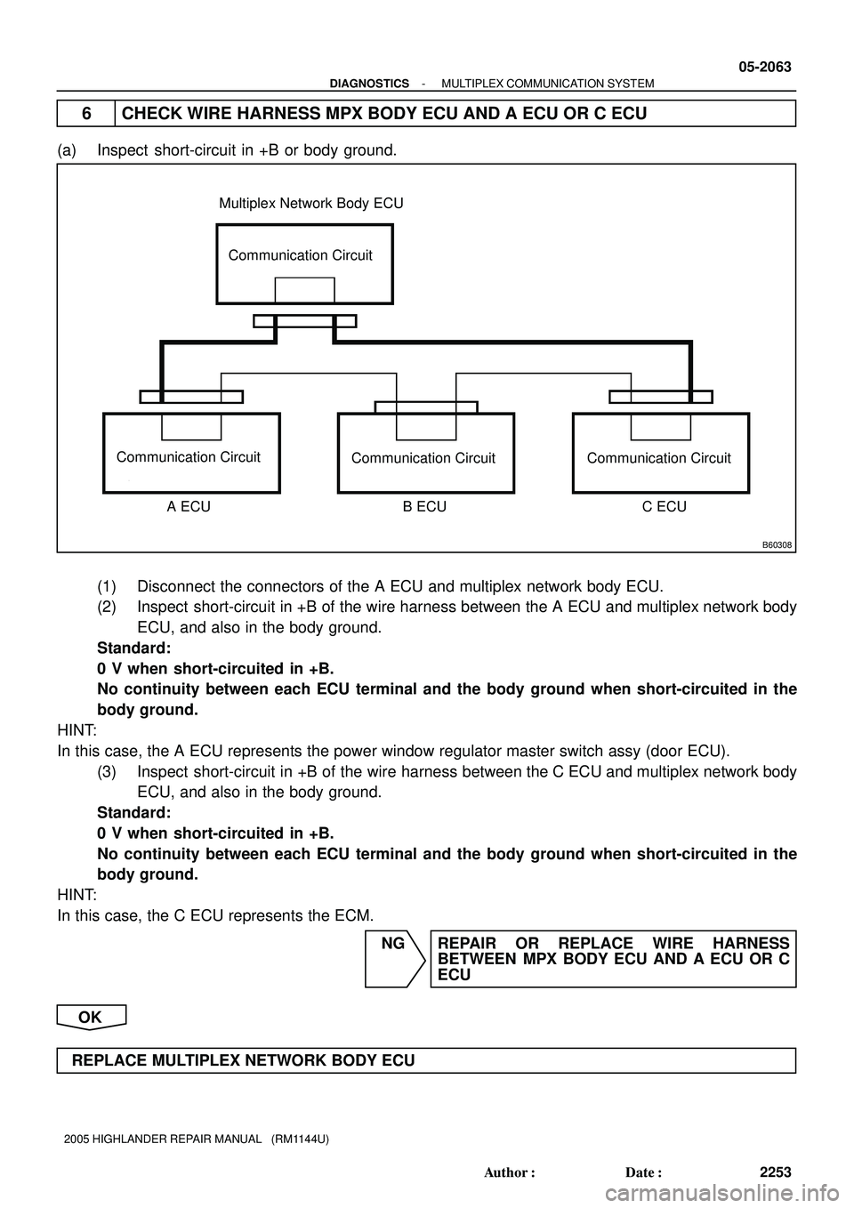 TOYOTA HIGHLANDER 2001 Service Repair Manual B60308
Multiplex Network Body ECU
Communication Circuit
Communication Circuit
Communication Circuit Communication Circuit
A ECU B ECU C ECU
- DIAGNOSTICSMULTIPLEX COMMUNICATION SYSTEM
05-2063
2253 Aut TOYOTA HIGHLANDER 2001 Service Repair Manual B60308
Multiplex Network Body ECU
Communication Circuit
Communication Circuit
Communication Circuit Communication Circuit
A ECU B ECU C ECU
- DIAGNOSTICSMULTIPLEX COMMUNICATION SYSTEM
05-2063
2253 Aut