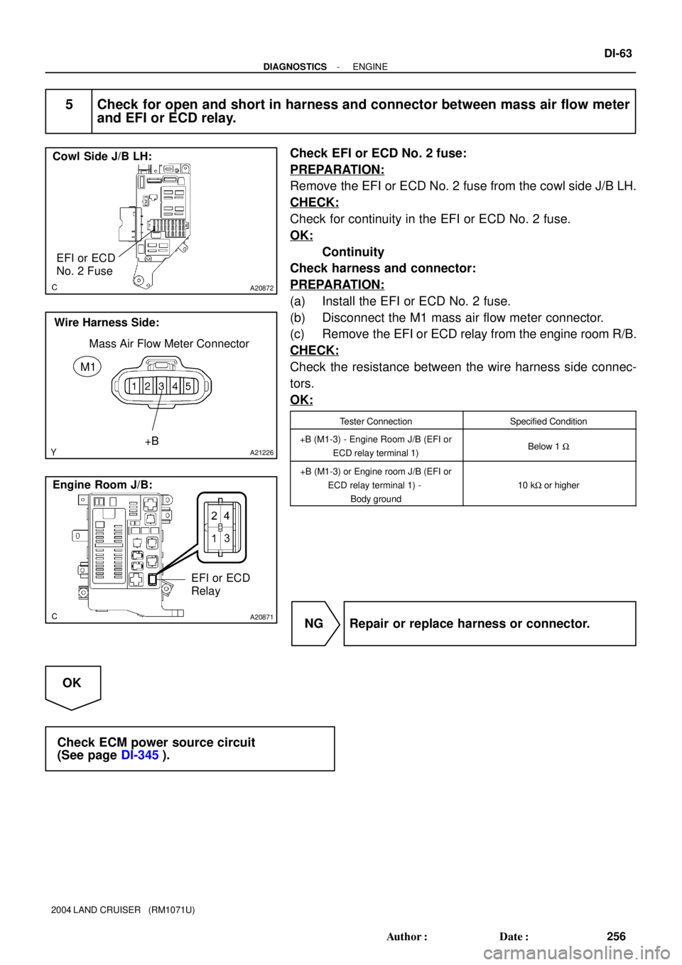 TOYOTA LAND CRUISER 1986 Factory Repair Manual A20872
Cowl Side J/B LH:
EFI or ECD
No. 2 Fuse
A21226
Wire Harness Side:
Mass Air Flow Meter Connector
M1
+B
A20871
Engine Room J/B:
EFI or ECD
Relay
- DIAGNOSTICSENGINE
DI-63
256 Author: Date:
20 TOYOTA LAND CRUISER 1986 Factory Repair Manual A20872
Cowl Side J/B LH:
EFI or ECD
No. 2 Fuse
A21226
Wire Harness Side:
Mass Air Flow Meter Connector
M1
+B
A20871
Engine Room J/B:
EFI or ECD
Relay
- DIAGNOSTICSENGINE
DI-63
256 Author: Date:
20