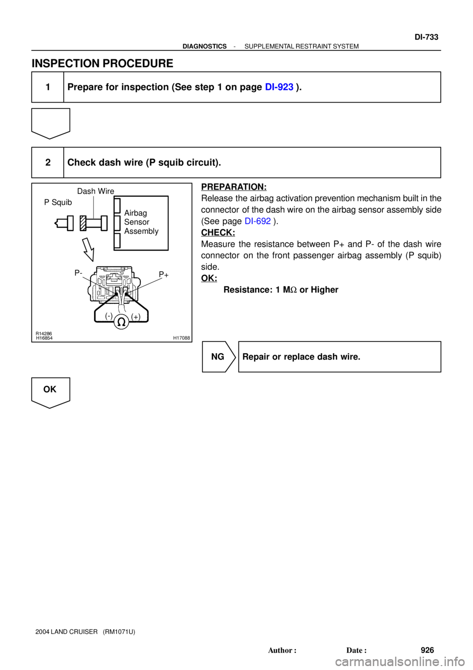 TOYOTA LAND CRUISER 1986  Factory Repair Manual R14286H16854H17088
P Squib
Airbag 
Sensor 
Assembly
P+ P-
(-)
(+)
Dash Wire
- DIAGNOSTICSSUPPLEMENTAL RESTRAINT SYSTEM
DI-733
926 Author: Date:
2004 LAND CRUISER   (RM1071U)
INSPECTION PROCEDURE
1 P