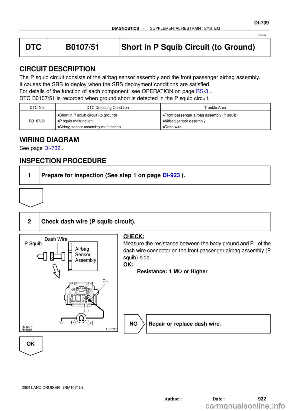 TOYOTA LAND CRUISER 1986  Factory Repair Manual H01227H16856H17090
P Squib
Airbag 
Sensor 
Assembly
(+) (-)P+
Dash Wire
- DIAGNOSTICSSUPPLEMENTAL RESTRAINT SYSTEM
DI-739
932 Author: Date:
2004 LAND CRUISER   (RM1071U)
DTC B0107/51 Short in P Squi