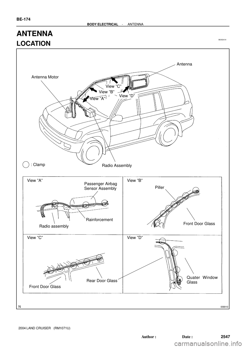 TOYOTA LAND CRUISER 1986  Factory Repair Manual BE0G9-04
I09910
Antenna
Antenna Motor
View ºAº
View ºAºView ºBº
View ºCºView ºDº Passenger Airbag
Sensor Assembly
RainforcementPiller
Rear Door GlassFront Door Glass
View ºBº
View ºCº
Vi