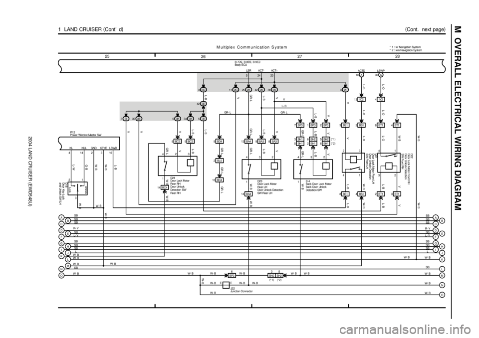 TOYOTA LAND CRUISER 1986 Factory Repair Manual 2004 LAND CRUISER (EWD548U)
M OVERALL ELECTRICAL WIRING DIAGRAM
2728
26 25
(
Cont. next page)
1 LAND CRUISER (
Cont d)
V L- BGR - L V
GR- L
V L- BV
L- B
ACTDL- B
L- B L- B
D2 3 23 53K 343K
BC3 8BC TOYOTA LAND CRUISER 1986 Factory Repair Manual 2004 LAND CRUISER (EWD548U)
M OVERALL ELECTRICAL WIRING DIAGRAM
2728
26 25
(
Cont. next page)
1 LAND CRUISER (
Cont d)
V L- BGR - L V
GR- L
V L- BV
L- B
ACTDL- B
L- B L- B
D2 3 23 53K 343K
BC3 8BC