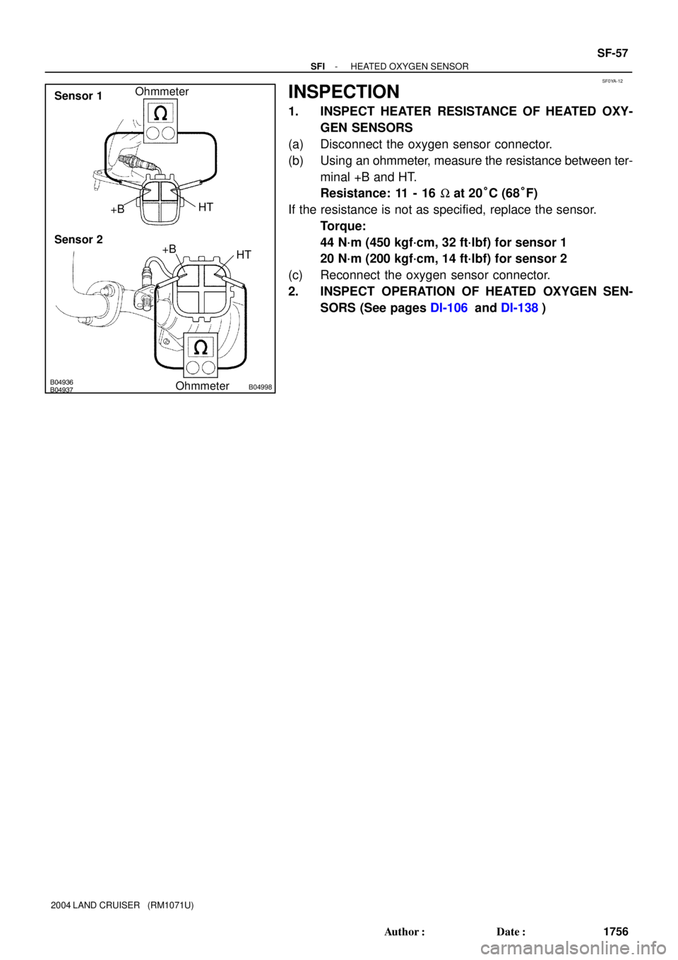 TOYOTA LAND CRUISER 1986  Factory Repair Manual SF0YA-12
B04936B04937B04998
Sensor 1
Sensor 2Ohmmeter
OhmmeterHT
+B
HT+B
- SFIHEATED OXYGEN SENSOR
SF-57
1756 Author: Date:
2004 LAND CRUISER   (RM1071U)
INSPECTION
1. INSPECT HEATER RESISTANCE OF H