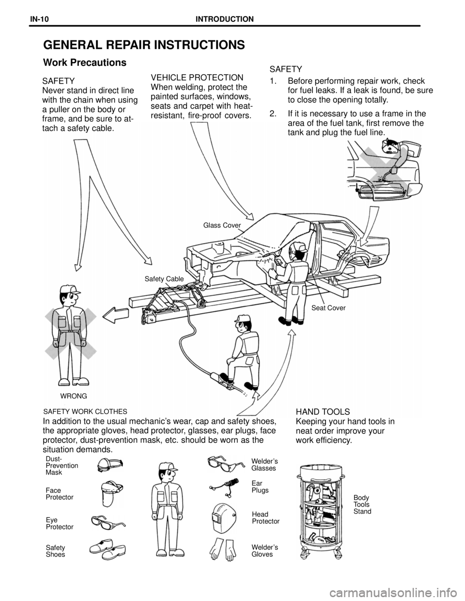 TOYOTA LAND CRUISER 1986 Factory Repair Manual GENERAL REPAIR INSTRUCTIONS
Work PrecautionsSAFETY
1. Before performing repair work, check
for fuel leaks. If a leak is found, be sure
to close the opening totally.
2. If it is necessary to use a fram TOYOTA LAND CRUISER 1986 Factory Repair Manual GENERAL REPAIR INSTRUCTIONS
Work PrecautionsSAFETY
1. Before performing repair work, check
for fuel leaks. If a leak is found, be sure
to close the opening totally.
2. If it is necessary to use a fram