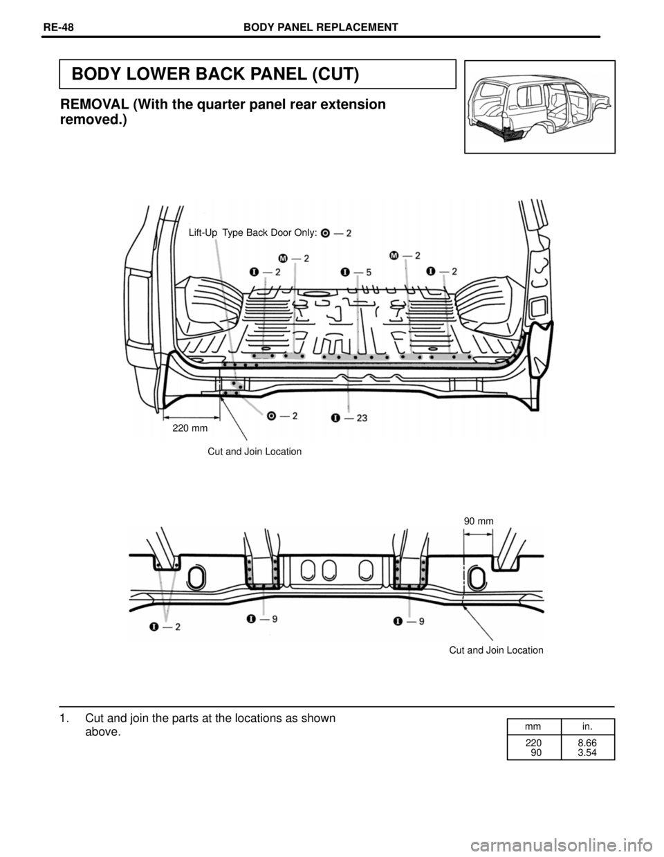 TOYOTA LAND CRUISER 1986  Factory Repair Manual mm in.
220
  908.66
3.54
BODY LOWER BACK PANEL (CUT)
REMOVAL (With the quarter panel rear extension
removed.)
Lift-Up  Type Back Door Only:
220 mm
Cut and Join Location
90 mm
Cut and Join Location
1. 