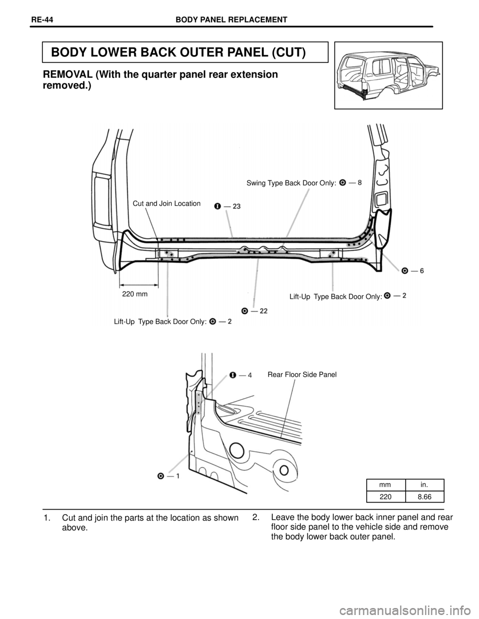 TOYOTA LAND CRUISER 1986  Factory Repair Manual mm in.
220 8.66
BODY LOWER BACK OUTER PANEL (CUT)
REMOVAL (With the quarter panel rear extension
removed.)
Swing Type Back Door Only:
Cut and Join Location
220 mm
Lift-Up  Type Back Door Only:
Lift-Up