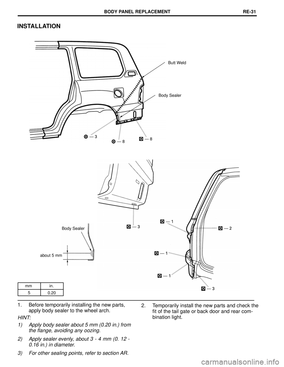 TOYOTA LAND CRUISER 1986  Factory Repair Manual mm in.
5
0.20
INSTALLATION
Butt Weld
Body Sealer
Body Sealer
about 5 mm
2. Temporarily install the new parts and check the
fit of the tail gate or back door and rear com-
bination light. 1. Before tem
