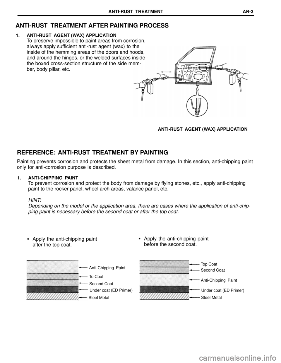 TOYOTA LAND CRUISER 1986 Factory Repair Manual Under coat (ED Primer) Second Coat
ANTI-RUST TREATMENT AFTER PAINTING PROCESS
1. ANTI-RUST AGENT (WAX) APPLICATION
To preserve impossible to paint areas from corrosion,
always apply sufficient anti- TOYOTA LAND CRUISER 1986 Factory Repair Manual Under coat (ED Primer) Second Coat
ANTI-RUST TREATMENT AFTER PAINTING PROCESS
1. ANTI-RUST AGENT (WAX) APPLICATION
To preserve impossible to paint areas from corrosion,
always apply sufficient anti-