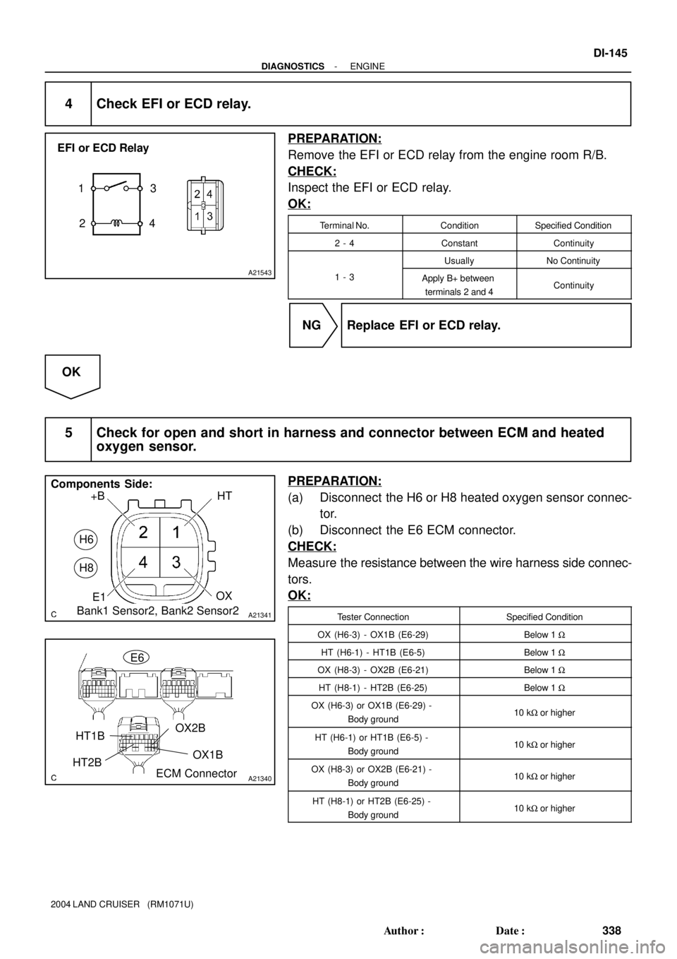 TOYOTA LAND CRUISER 1998 Factory Repair Manual A21543
1
23
4 EFI or ECD Relay
A21341
+B
OX
E1HT
H6
H8
Components Side:
Bank1 Sensor2, Bank2 Sensor2
A21340
OX2B
HT1BE6
ECM ConnectorOX1B
HT2B
- DIAGNOSTICSENGINE
DI-145
338 Author: Date:
2004 LAND TOYOTA LAND CRUISER 1998 Factory Repair Manual A21543
1
23
4 EFI or ECD Relay
A21341
+B
OX
E1HT
H6
H8
Components Side:
Bank1 Sensor2, Bank2 Sensor2
A21340
OX2B
HT1BE6
ECM ConnectorOX1B
HT2B
- DIAGNOSTICSENGINE
DI-145
338 Author: Date:
2004 LAND