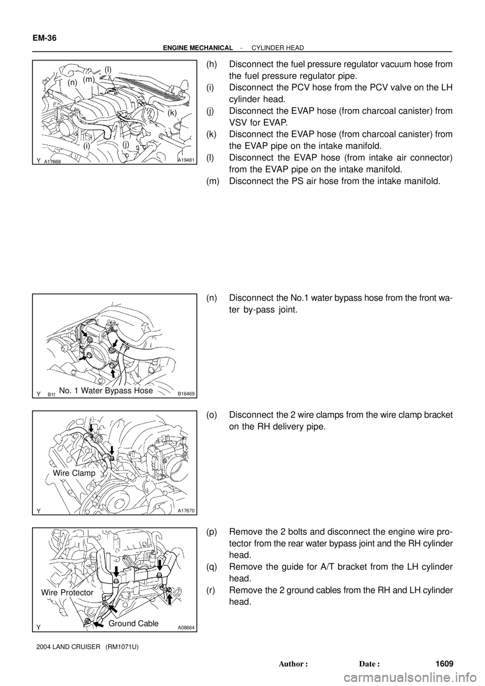 TOYOTA LAND CRUISER 1998  Factory Repair Manual A17668A19481
(k)
(j)(i)
(n)(m)
(l)
B15320B16469No. 1 Water Bypass Hose
A17670
Wire Clamp
A08664
Wire Protector
Ground Cable
EM-36
- ENGINE MECHANICALCYLINDER HEAD
1609 Author: Date:
2004 LAND CRUISE