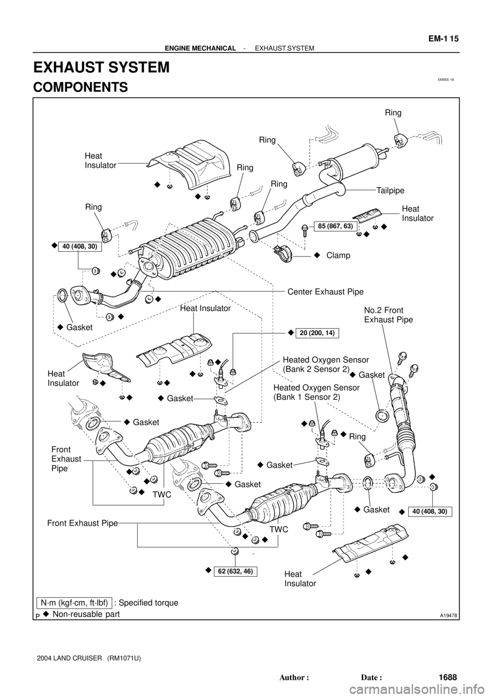 TOYOTA LAND CRUISER 1998  Factory Repair Manual EM0EE-18
A19478
N´m (kgf´cm, ft´lbf) : Specified torque
 Non-reusable partHeat
Insulator
Ring
Heat
Insulator
 Gasket Center Exhaust PipeRing
 Gasket
Heat
Insulator
40 (408, 30)
40 (408, 30)
Heat