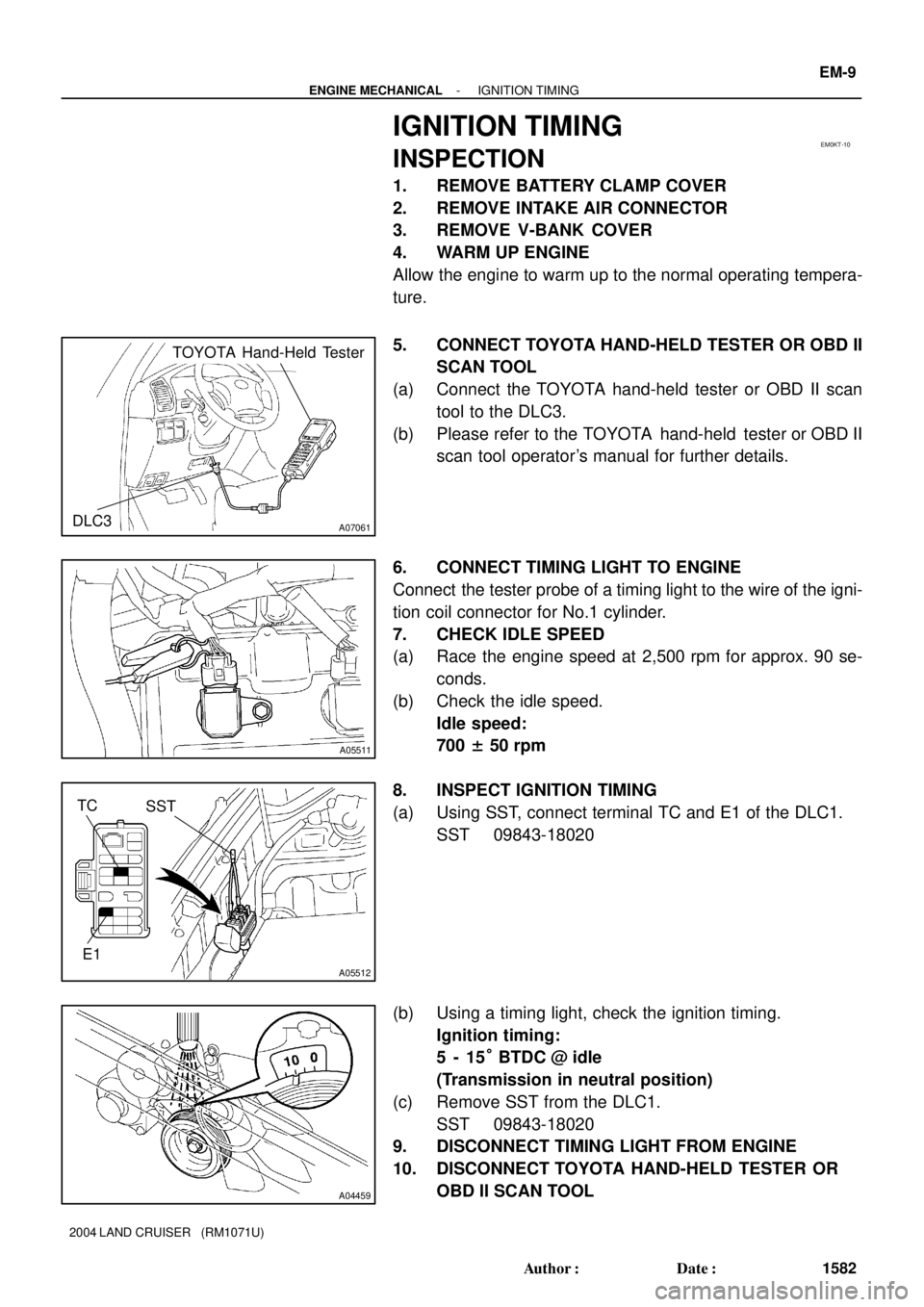 TOYOTA LAND CRUISER 1998  Factory Repair Manual EM0KT-10
A07061
TOYOTA Hand-Held Tester
DLC3
A05511
A05512
SSTTC
E1
A04459
- ENGINE MECHANICALIGNITION TIMING
EM-9
1582 Author: Date:
2004 LAND CRUISER   (RM1071U)
IGNITION TIMING
INSPECTION
1. REMO