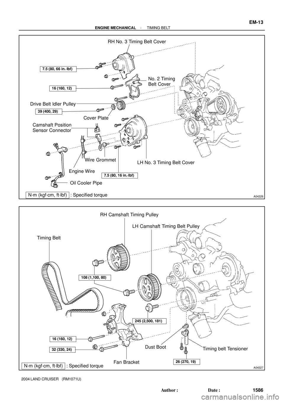 TOYOTA LAND CRUISER 1998  Factory Repair Manual A04326
RH No. 3 Timing Belt Cover
No. 2 Timing
Belt Cover
LH No. 3 Timing Belt Cover Drive Belt Idler Pulley
Camshaft Position
Sensor ConnectorCover Plate
Engine Wire
16 (160, 12)
7.5 (80, 16 in.´lbf