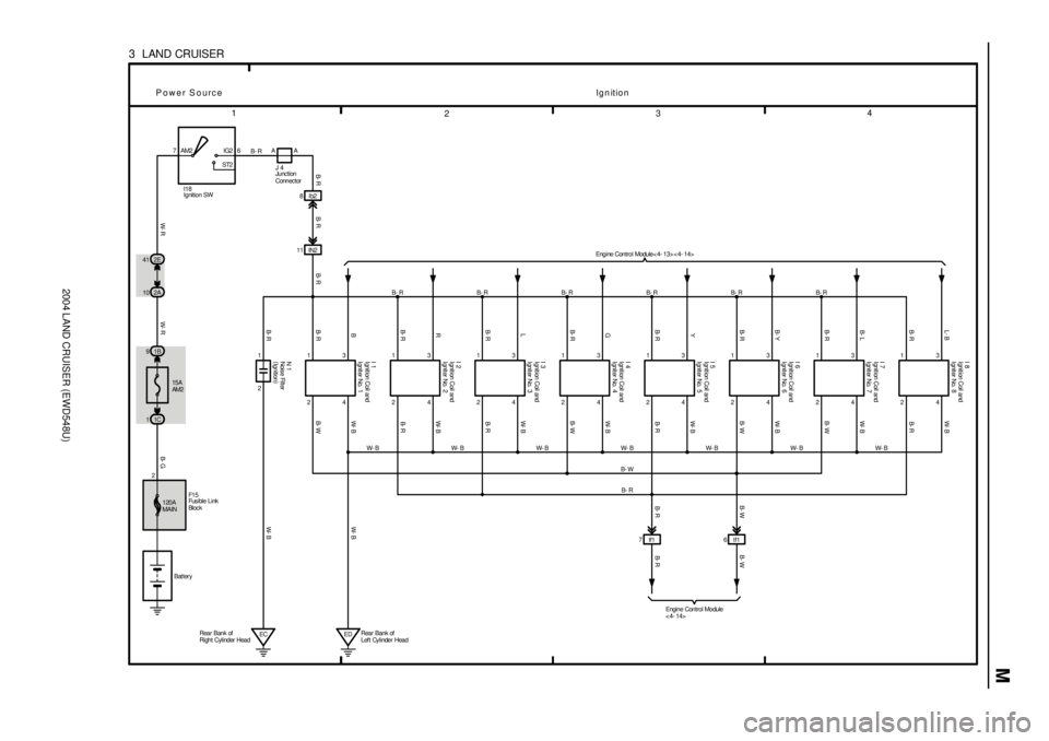 TOYOTA LAND CRUISER 1998 Factory Repair Manual 2004 LAND CRUISER (EWD548U)
M
1
234
3 LAND CRUISER
Bat tery 15A
AM2 1B 97IG2
ST2 AM2 6
24 13
B- RL- B W- B
24 13B- RB- L W- B
24 13B- R B- Y W- B
24 13B- RYW-B
24 13B- RGW-B
24 13B- RLW-B
24 13B- RRW TOYOTA LAND CRUISER 1998 Factory Repair Manual 2004 LAND CRUISER (EWD548U)
M
1
234
3 LAND CRUISER
Bat tery 15A
AM2 1B 97IG2
ST2 AM2 6
24 13
B- RL- B W- B
24 13B- RB- L W- B
24 13B- R B- Y W- B
24 13B- RYW-B
24 13B- RGW-B
24 13B- RLW-B
24 13B- RRW
