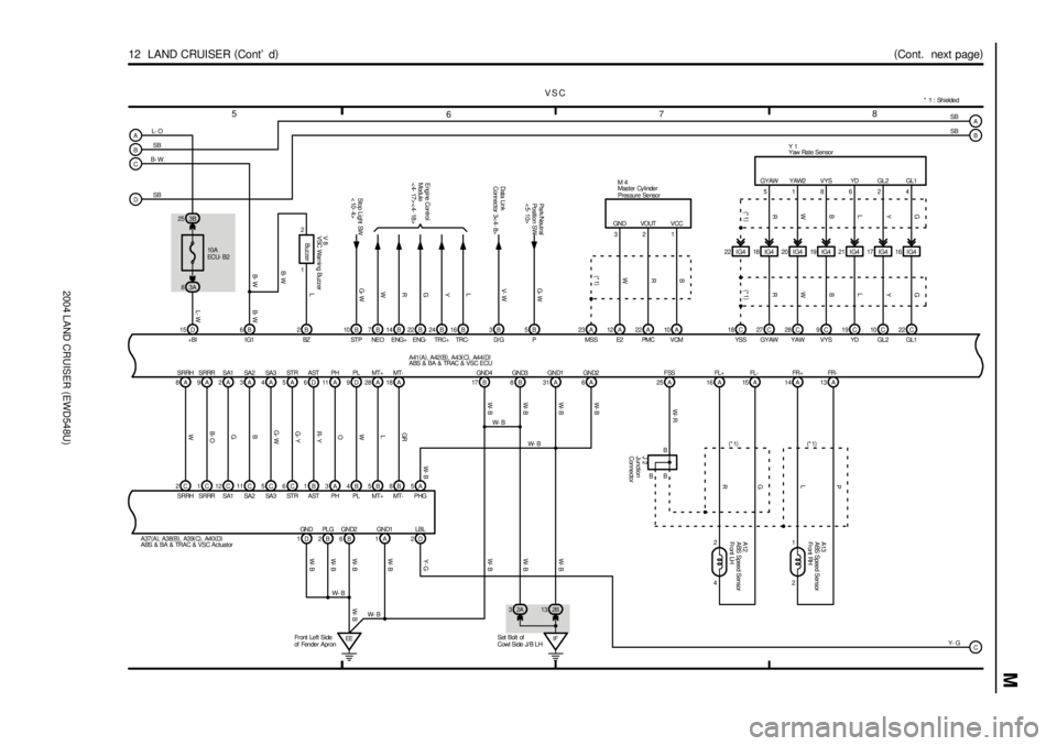 TOYOTA LAND CRUISER 1998 Factory Repair Manual 2004 LAND CRUISER (EWD548U)
M
5
678
12 LAND CRUISER (
Cont d)(
Cont. next page)
83A10A
ECU- B2 25 3B D C B A
D 15 6 B
Buzzer2B
A 8
2CA 9
1CA 2
12 CA 3
11 CA 4
5CA 5
6CD 6
1BA 11
3AD 9
4BA 28
5BA 18 TOYOTA LAND CRUISER 1998 Factory Repair Manual 2004 LAND CRUISER (EWD548U)
M
5
678
12 LAND CRUISER (
Cont d)(
Cont. next page)
83A10A
ECU- B2 25 3B D C B A
D 15 6 B
Buzzer2B
A 8
2CA 9
1CA 2
12 CA 3
11 CA 4
5CA 5
6CD 6
1BA 11
3AD 9
4BA 28
5BA 18