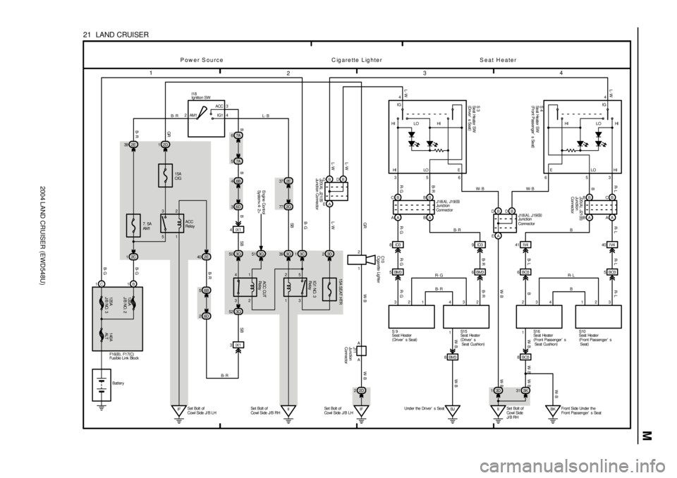 TOYOTA LAND CRUISER 1998  Factory Repair Manual 2004 LAND CRUISER (EWD548U)
M
1
234
21  LAND CRUISER
2ACC
IG1 AM13
B- R
1 2
5 315A
CIG 2D 1 2E 39
7.  5A
AM1
2C 1
IFSet Bolt  of
Cowl Side J/ B LH 1C 1B6B 4
6D 3
3Q 50 3Q51
3 4
2 1 2E 40
6B 5
6D 2
3IX