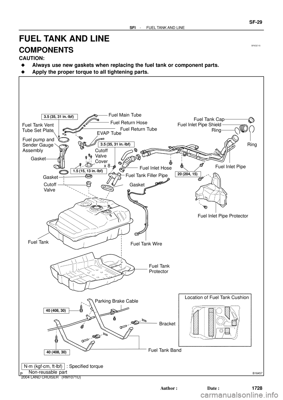 TOYOTA LAND CRUISER 1998  Factory Repair Manual SF0OZ-15
B16457
Location of Fuel Tank Cushion Fuel Return Hose
Fuel Inlet Pipe Fuel Tank Cap
Cutoff
ValveRing
1.5 (15, 13 in.´lbf)
Fuel Inlet Pipe Protector Fuel Inlet Pipe Shield
 Gasket
3.5 (35, 3