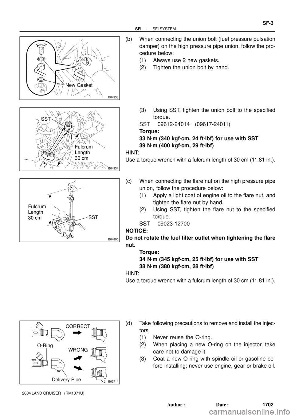 TOYOTA LAND CRUISER 1998  Factory Repair Manual B04933
New Gasket
B04934
Fulcrum
Length
30 cm
SST
B04895
SST Fulcrum
Length
30 cm
B02714
CORRECT
WRONG
Delivery Pipe O-Ring
- SFISFI SYSTEM
SF-3
1702 Author: Date:
2004 LAND CRUISER   (RM1071U)
(b) 