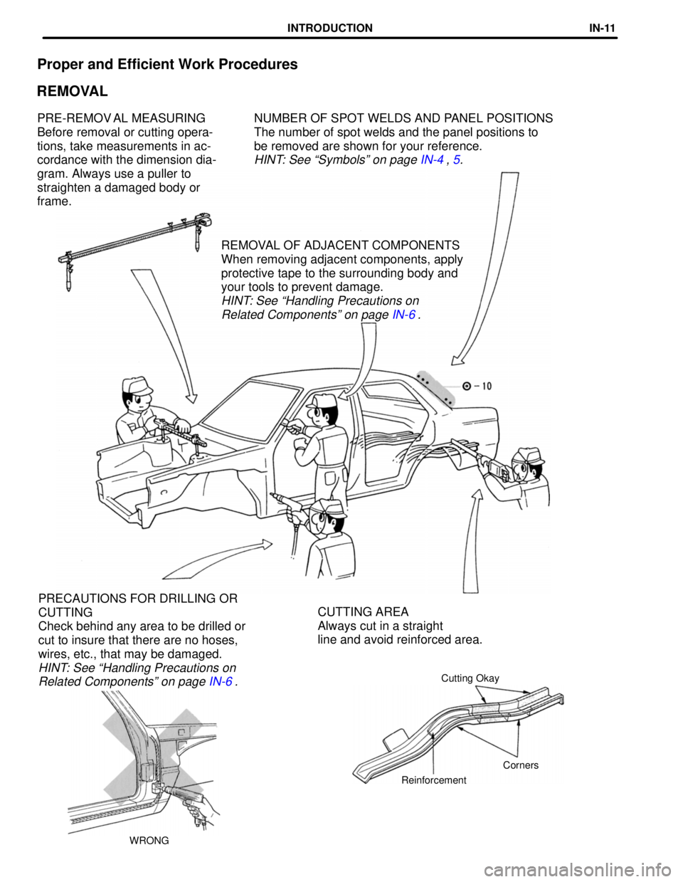 TOYOTA LAND CRUISER 1998  Factory Repair Manual Proper and Efficient Work Procedures
REMOVAL
NUMBER OF SPOT WELDS AND PANEL POSITIONS
The number of spot welds and the panel positions to
be removed are shown for your reference.
HINT: See Symbolsº 