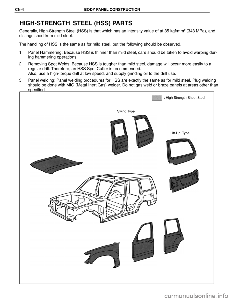 TOYOTA LAND CRUISER 1998  Factory Repair Manual Lift-Up Type Swing Type: High Strength Sheet Steel
HIGH-STRENGTH  STEEL (HSS) PARTS
Generally, High-Strength Steel (HSS) is that which has an intensity value of at 35 kgf/mm2 (343 MPa), and
distinguis