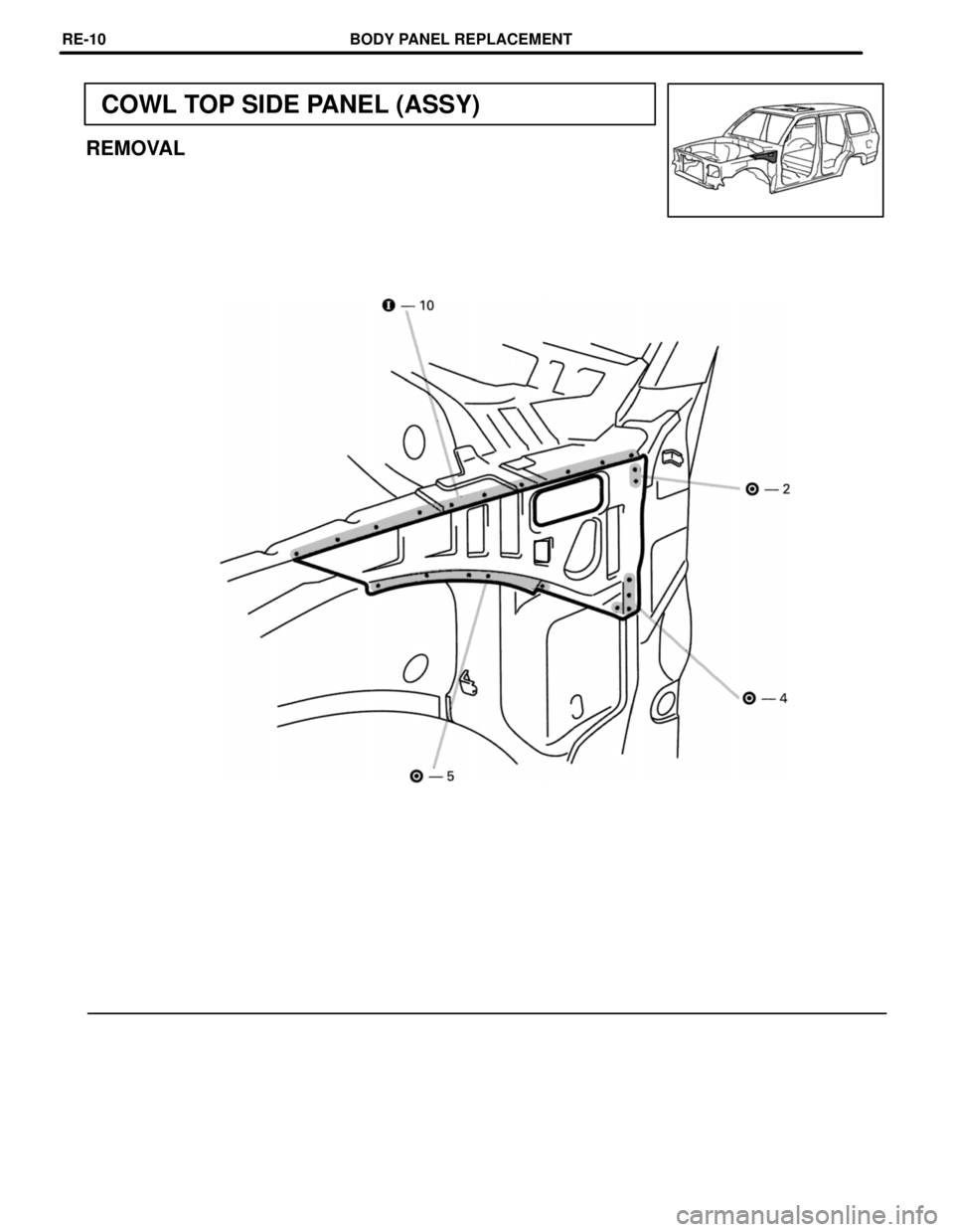 TOYOTA LAND CRUISER 1998  Factory Repair Manual COWL TOP SIDE PANEL (ASSY)
REMOVAL
BODY PANEL REPLACEMENTRE-10 