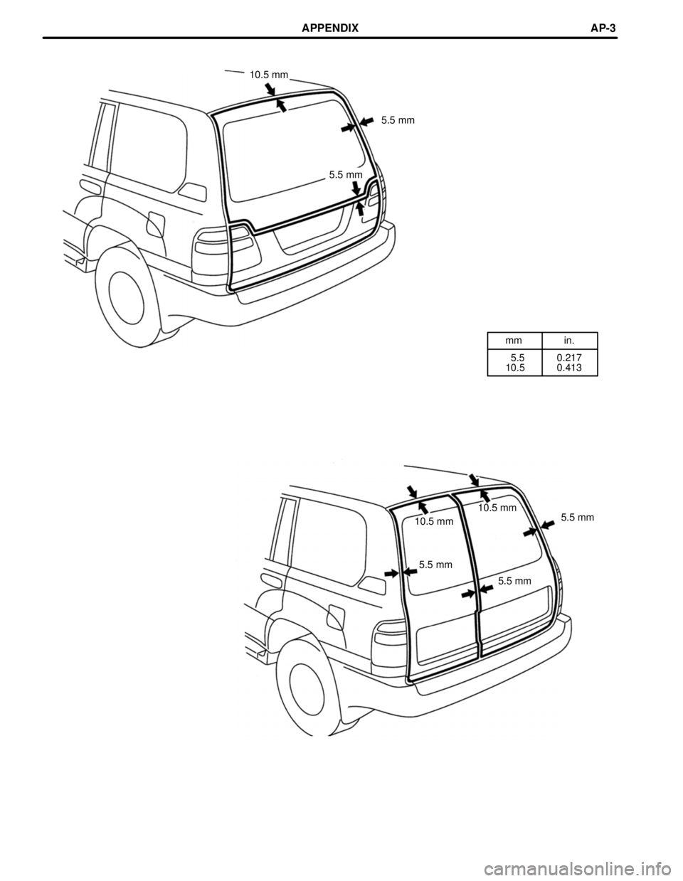 TOYOTA LAND CRUISER 1998  Factory Repair Manual mm in.
  5.5
10.50.217
0.413 10.5 mm
5.5 mm
5.5 mm
10.5 mm
5.5 mm
10.5 mm
5.5 mm
5.5 mm
APPENDIXAP-3 