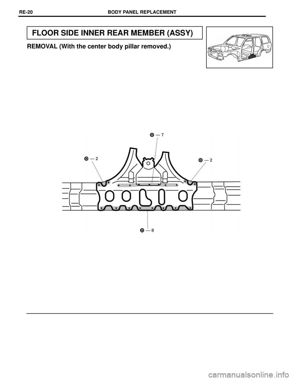 TOYOTA LAND CRUISER 1998  Factory Repair Manual FLOOR SIDE INNER REAR MEMBER (ASSY)
REMOVAL (With the center body pillar removed.)
BODY PANEL REPLACEMENTRE-20 