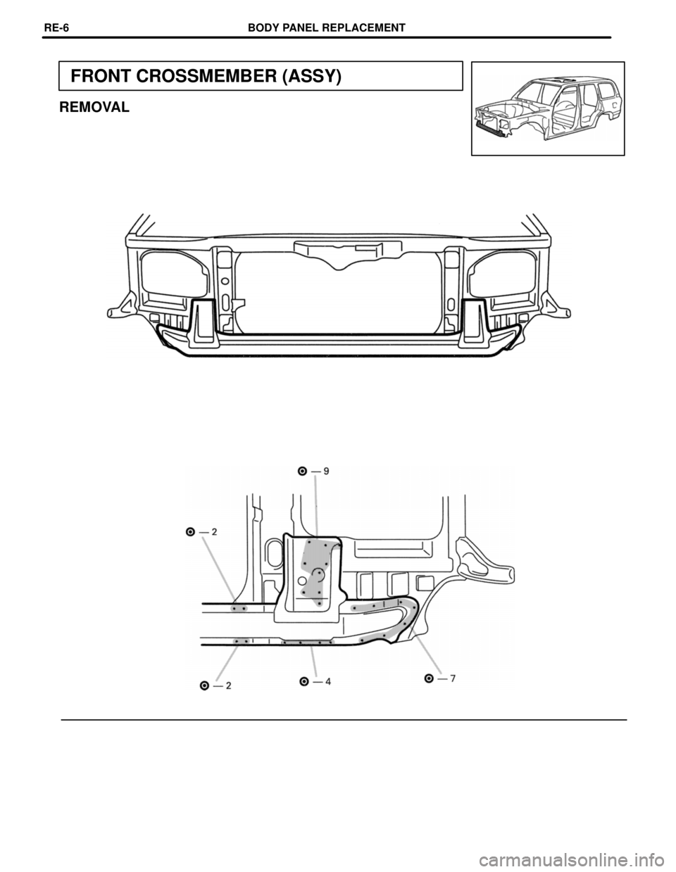 TOYOTA LAND CRUISER 1998  Factory Repair Manual FRONT CROSSMEMBER (ASSY)
REMOVAL
BODY PANEL REPLACEMENTRE-6 
