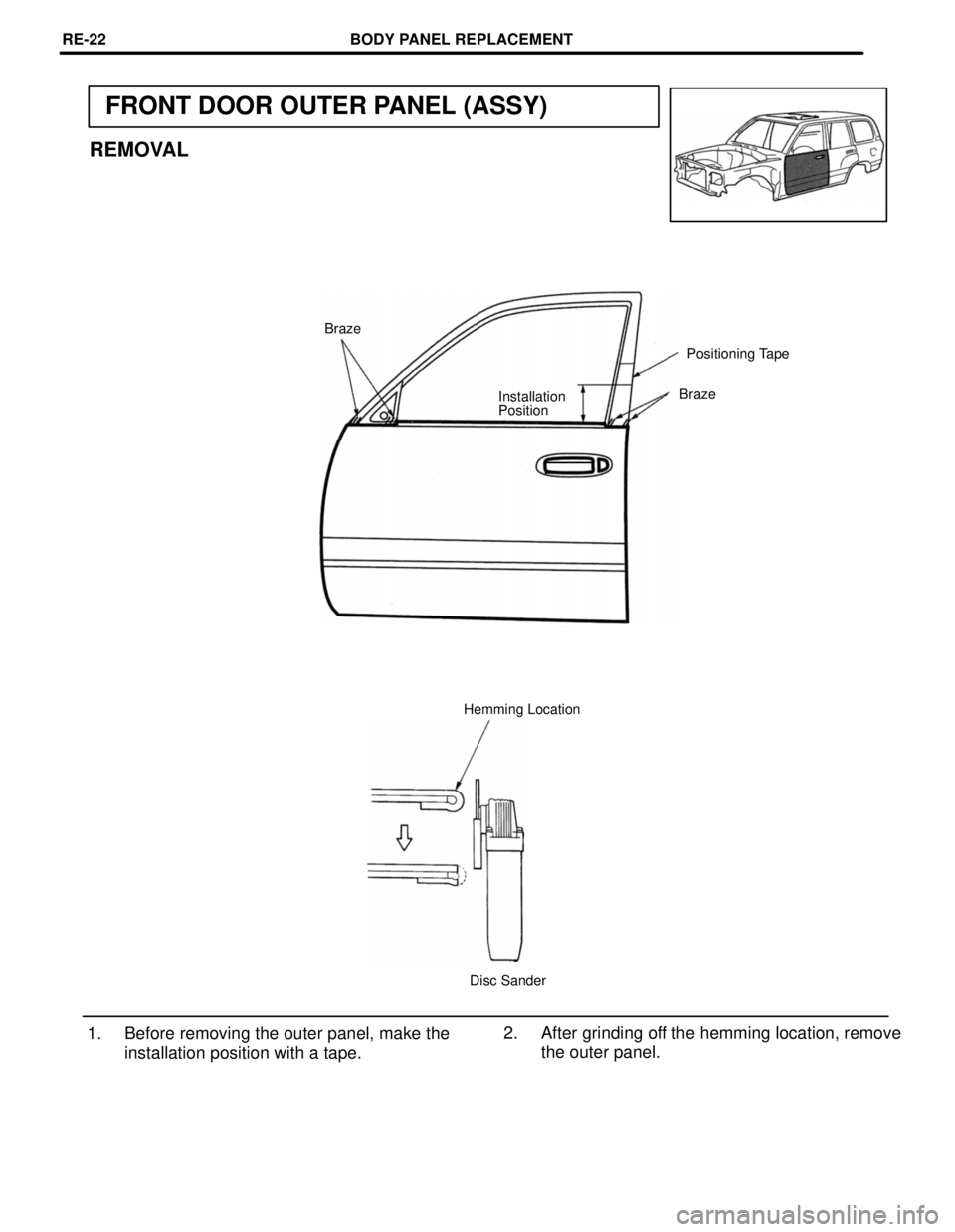 TOYOTA LAND CRUISER 1998  Factory Repair Manual FRONT DOOR OUTER PANEL (ASSY)
REMOVAL
Braze
Positioning Tape
Braze
Installation
Position
Hemming Location
Disc Sander
2. After grinding off the hemming location, remove
the outer panel. 1. Before remo