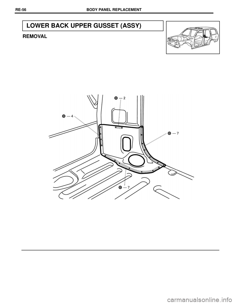 TOYOTA LAND CRUISER 1998  Factory Repair Manual LOWER BACK UPPER GUSSET (ASSY)
REMOVAL
BODY PANEL REPLACEMENTRE-56 