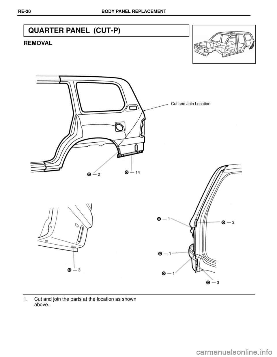 TOYOTA LAND CRUISER 1998  Factory Repair Manual QUARTER PANEL  (CUT-P)
REMOVAL
Cut and Join Location
1. Cut and join the parts at the location as shown
above.
BODY PANEL REPLACEMENTRE-30 