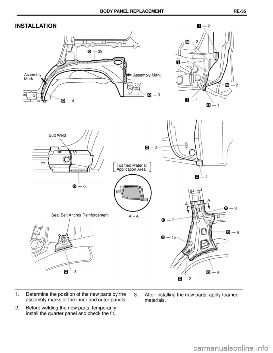 TOYOTA LAND CRUISER 1998  Factory Repair Manual INSTALLATION
Assembly
MarkAssembly Mark
Butt Weld
Foamed Material
Application Area
Seat Belt Anchor Reinforcement
3. After installing the new parts, apply foamed
materials. 1. Determine the position o