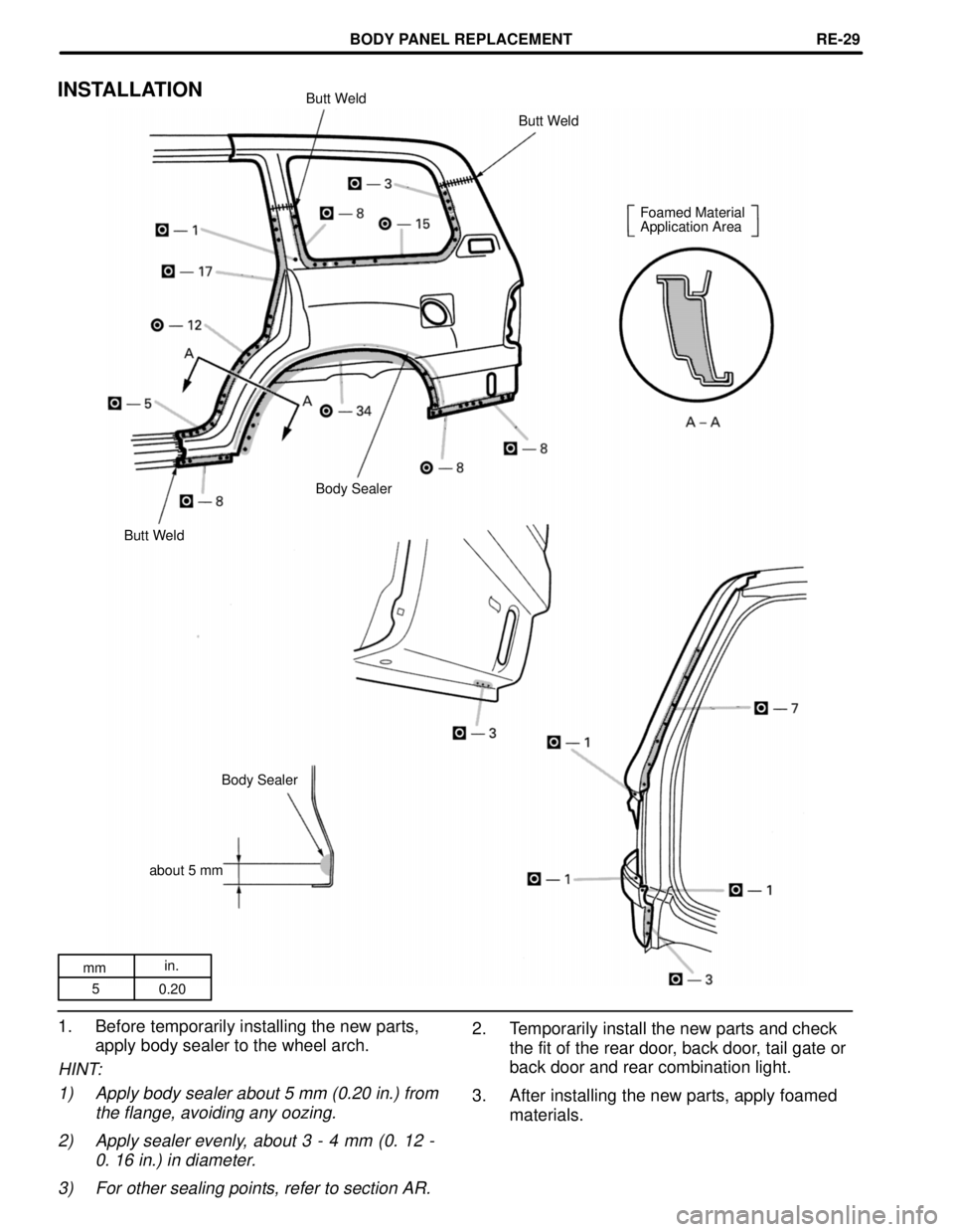 TOYOTA LAND CRUISER 1998  Factory Repair Manual mmin.
5
0.20
INSTALLATIONButt Weld
Butt Weld
Foamed Material
Application Area
Body Sealer
Butt Weld
Body Sealer
about 5 mm
1. Before temporarily installing the new parts,
apply body sealer to the whee