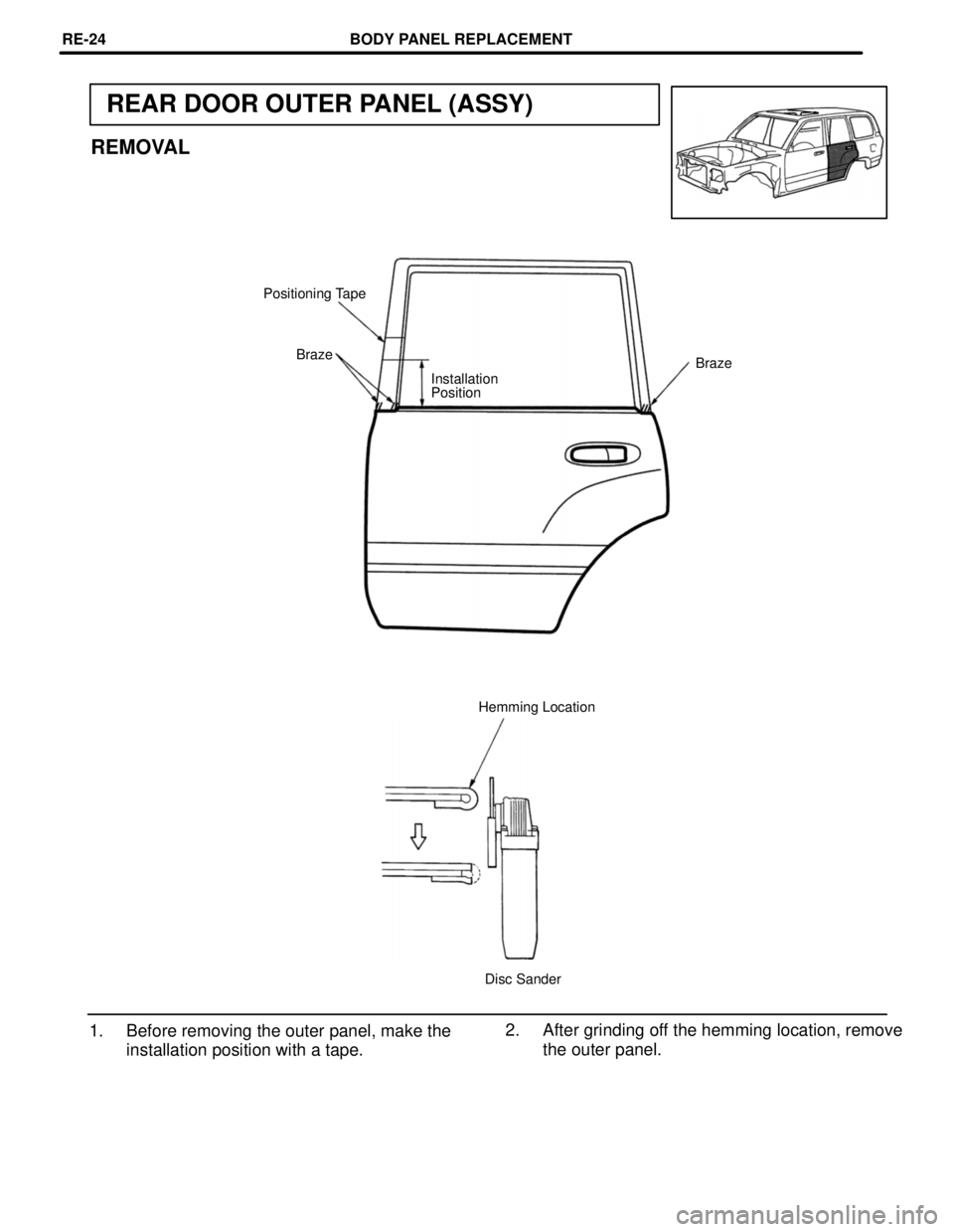 TOYOTA LAND CRUISER 1998  Factory Repair Manual REAR DOOR OUTER PANEL (ASSY)
REMOVAL
Positioning Tape
Braze
Braze
Installation
Position
Hemming Location
Disc Sander
2. After grinding off the hemming location, remove
the outer panel. 1. Before remov