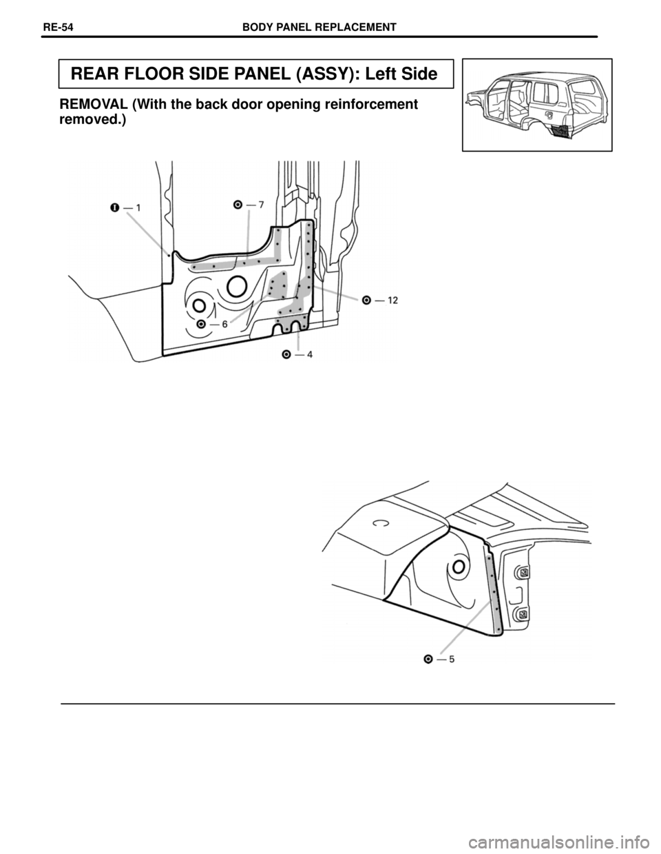 TOYOTA LAND CRUISER 1998  Factory Repair Manual REAR FLOOR SIDE PANEL (ASSY): Left Side
REMOVAL (With the back door opening reinforcement
removed.)
BODY PANEL REPLACEMENTRE-54 