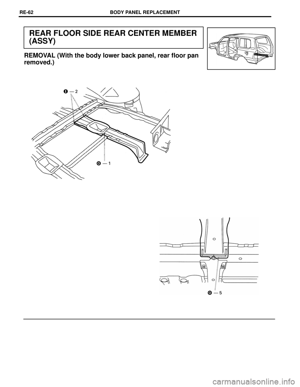 TOYOTA LAND CRUISER 1998  Factory Repair Manual REAR FLOOR SIDE REAR CENTER MEMBER
(ASSY)
REMOVAL (With the body lower back panel, rear floor pan
removed.)
BODY PANEL REPLACEMENTRE-62 